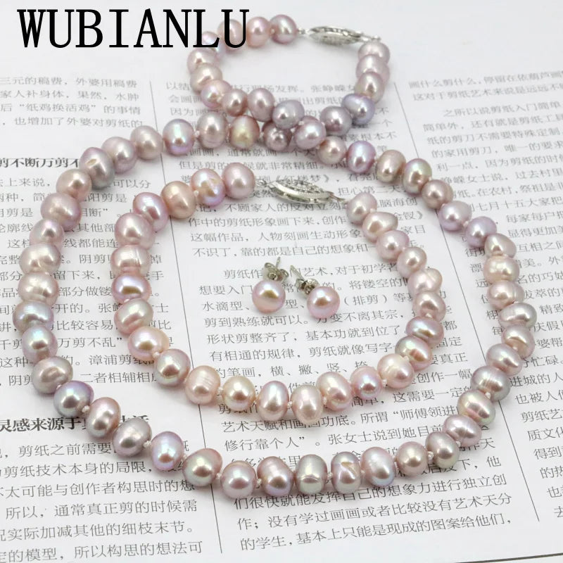 WUBIANLU Purple Pearl Necklace Set: Necklace (18 Inch), Bracelet (7.5 Inch), Earrings