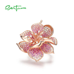 SANTUZZA 925 Sterling Silver Women's Ring: Gradient Flower Blossom Design with Lab Created Ruby or Pink Sapphire