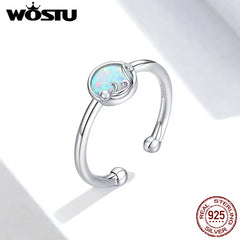 WOSTU Opal Rings: 925 Sterling Silver Freehand Cat with Opal Ball Open Rings