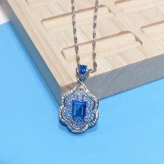 New Design Simulated Aquamarine Stone Blue Crystal Luxury Princess Square Zircon Pendant Necklace For Women Party Gift