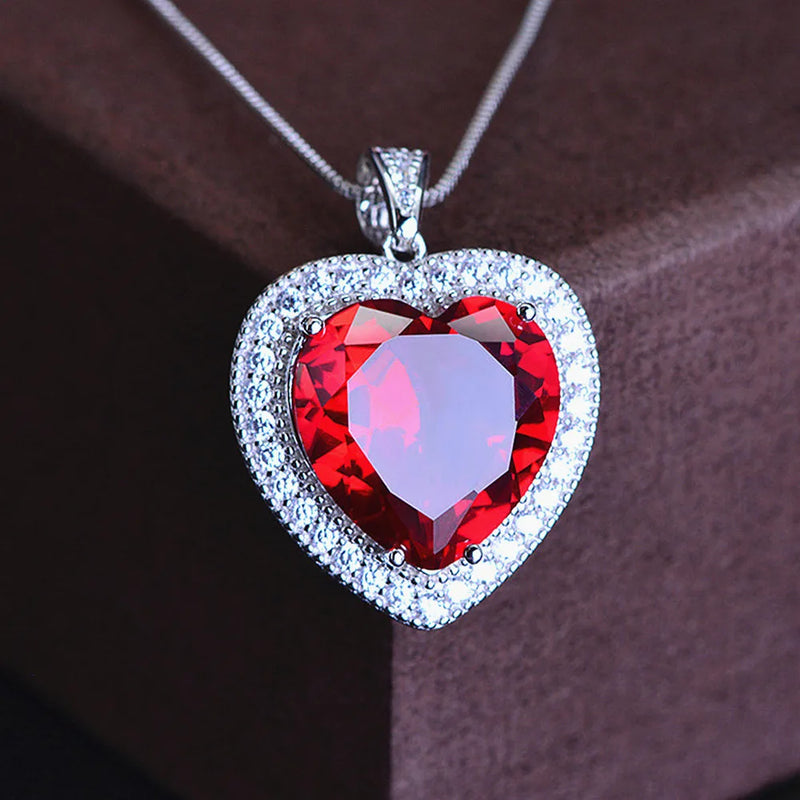 Timeless Romance: Love Heart Pendant Necklace with Red Crystal, Ruby Gemstones, and Diamonds for a Classic Touch