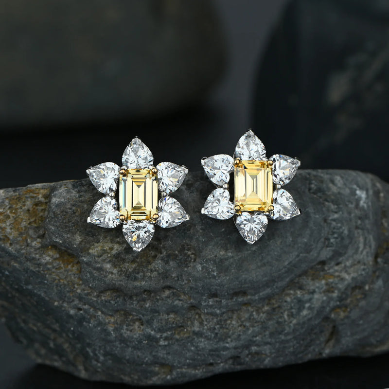 925 Sterling Silver Topaz Stud Earrings: Sparkling Flower Design with High Carbon Diamond Accent for Women