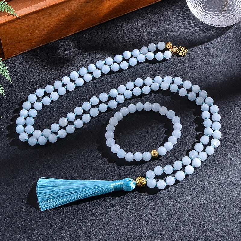 Spiritual Harmony: 108 Beaded 8mm Aquamarine Japamala Necklace and Bracelet Set - Meditation and Yoga Spiritual Energy Jewelry