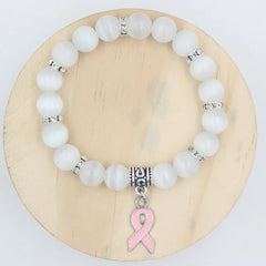 Breast Cancer Awareness Jewelry: White Pink Opal Beaded Bracelet with Pink Ribbon Charm Bracelets