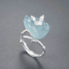 Fluttering Beauty: Lotus Fun Adjustable Aquamarine Butterfly Ring in 925 Sterling Silver