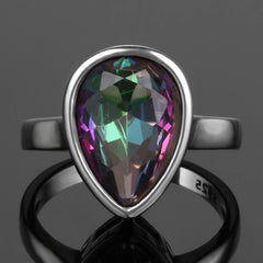 Authentic 925 Sterling Silver Water Drop Rainbow Fire Mystic Topaz Ring: Exquisite Jewelry for Women