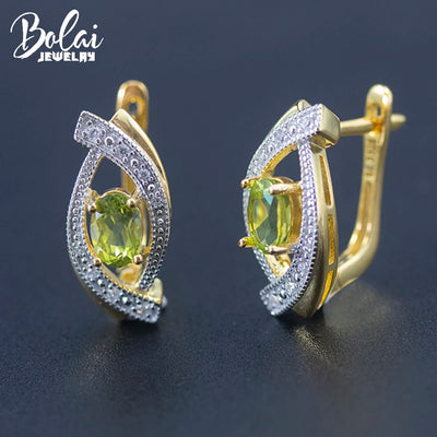 Bolai 925 Sterling Silver Peridot Clasp Stud Earrings with Yellow Gold – Natural Gemstone Fine Jewelry for Women