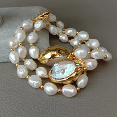 Stunning 8'' Pearl Bracelet: Y.YING's 3 Rows of Cultured Baroque & Keshi Pearls