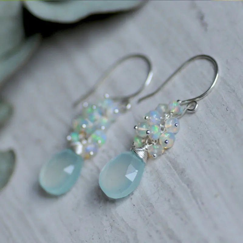 Radiant Beauty: Ethiopian Opal and Aqua Chalcedony Earrings with Stunning Aquamarine and Silver Pearls