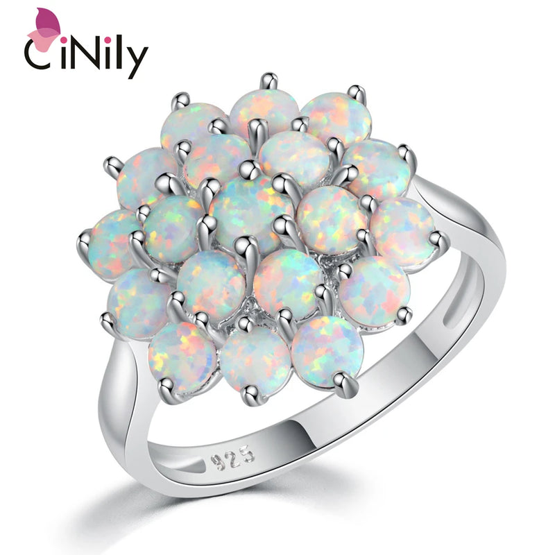 CiNily Luxury White Round Fire Opal Ring: 925 Sterling Silver Flower Bloom Plant Design