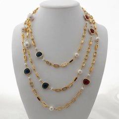 Y. Ying Long Necklace: Freshwater Keshi Pearl with Cubic Zirconia Pave, Gold Color Plated Chain