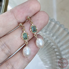 925 Sterling Silver Palace Style Emerald Crystal Earrings: Women's Simple Pearl Tassel Design