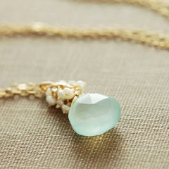 March Birthstone Beauty: Aquamarine Blue Gemstone Pendant Necklace with Seafoam Chalcedony and Seed Pearl Accents