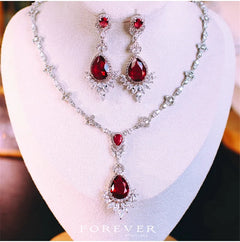 CC Elegance: High-Quality Necklace and Earrings Set with Red Stone for Women's Jewelry