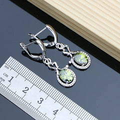 925 Sterling Silver Jewelry Set: Elegant Olive Green Topaz Earrings, Bracelet, and Necklace for Women