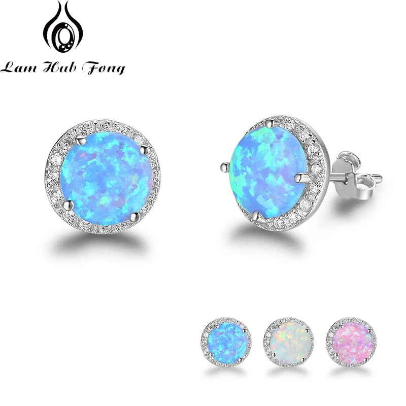 Classic Round Opal and Cubic Zirconia Sterling Silver Stud Earrings