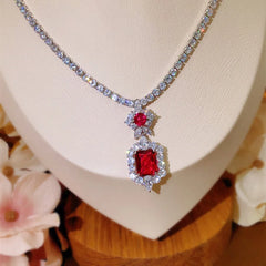 Radiant Charm: Fine Jewelry Set for Women with 925 Sterling Silver Rose Red Cubic Zirconia Necklaces, Pendants, and Stud Earrings