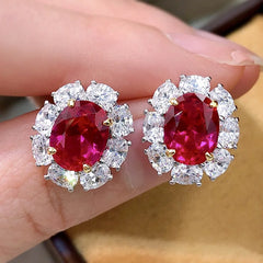 Luomansi Retro S925 Sterling Silver Earrings: Full Diamond with Natural Ruby Accents