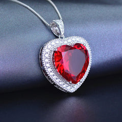 Timeless Romance: Love Heart Pendant Necklace with Red Crystal, Ruby Gemstones, and Diamonds for a Classic Touch