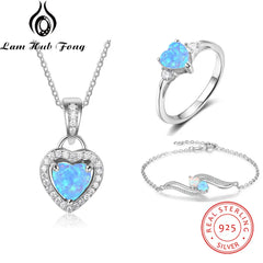 Luxury Jewelry Sets for Women 925 Sterling Silver Blue Heart Opal Necklaces Rings Bracelet Cubic Zircon Bridal Wedding Jewelry