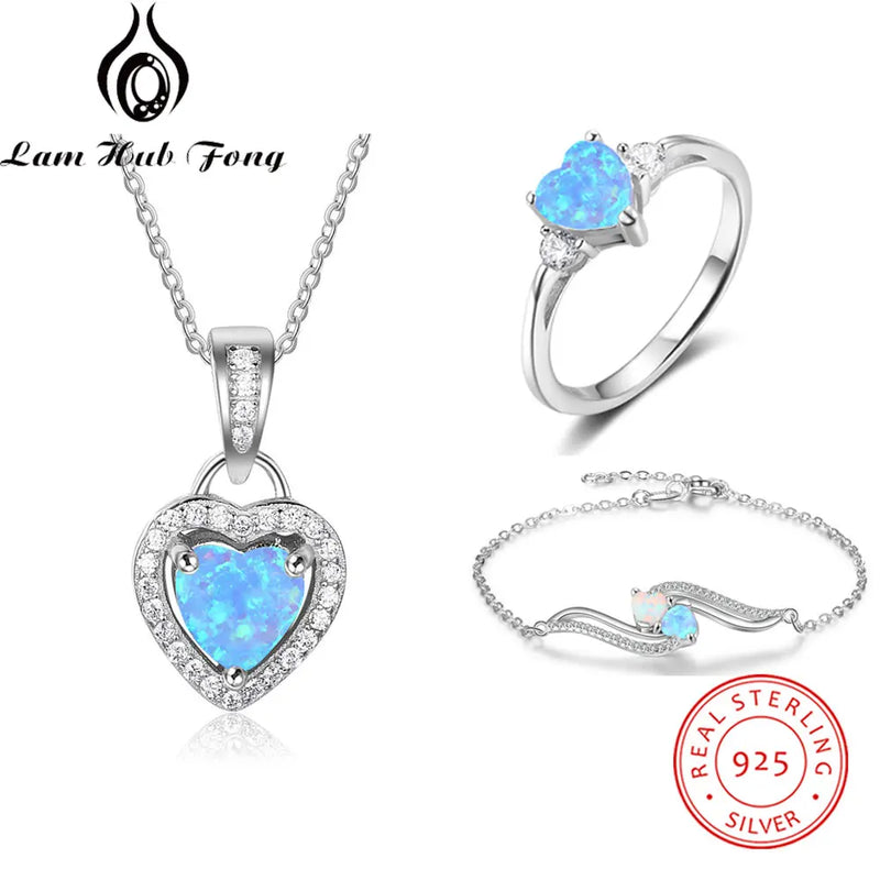 Luxury Jewelry Sets for Women 925 Sterling Silver Blue Heart Opal Necklaces Rings Bracelet Cubic Zircon Bridal Wedding Jewelry