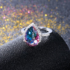 S925 Mystical Rainbow Topaz Dripping Ring: Ladies' Sterling Silver Jewelry