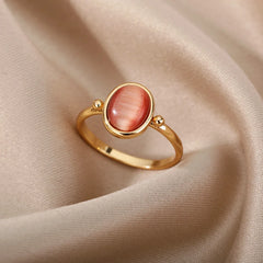 Gold Color Stainless Steel Red Opal Women's Ring