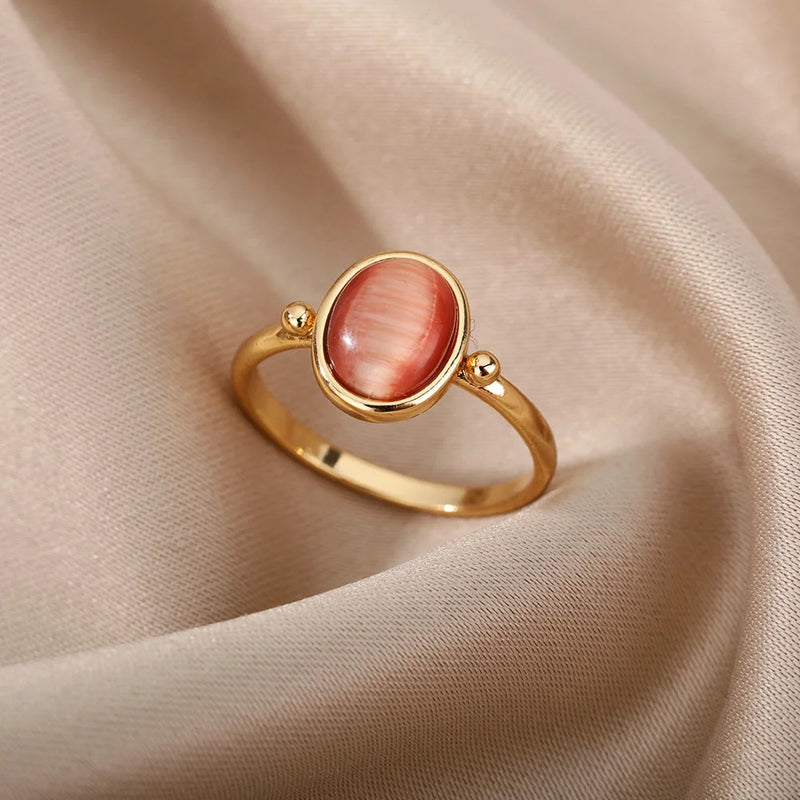 Gold Color Stainless Steel Red Opal Women's Ring