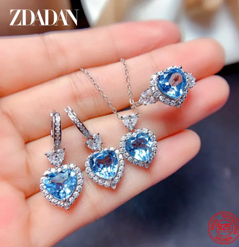 ZDADAN 925 Sterling Silver Heart Aquamarine Crystal Jewelry Set For Women Necklace Earrings Ring Fashion Wedding Party Gift