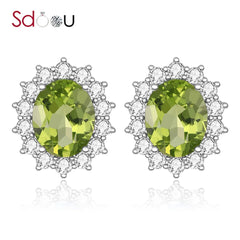 SDOOU Green Peridot Snowflower Carved Gemstone 925 Silver Stud Earrings for Women