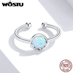 WOSTU Opal Rings: 925 Sterling Silver Freehand Cat with Opal Ball Open Rings