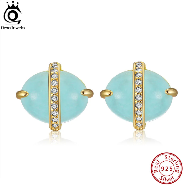 ORSA JEWELS Exquisite Oval Shape Natural Aquamarine Stud Earrings in Solid 925 Sterling Silver for women Earings Jewelry GME04