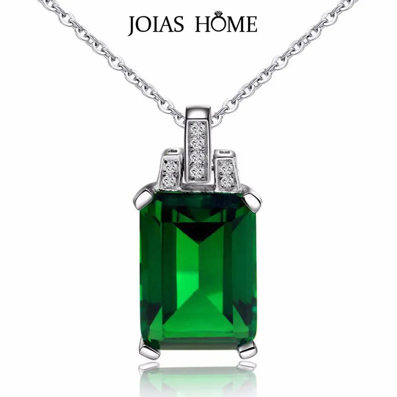 JoiasHome 925 Sterling Silver Necklace: 8*14mm Emerald Square Pendant, 45cm Chain