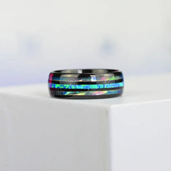 Stylish Rose Gold Tungsten Wedding Band for Men with Abalone Shell and Blue Opal Inlay