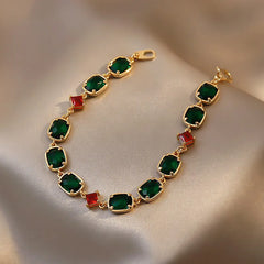 2024 Korean Fashion Emerald Gem Stone Bracelet: Elevate Your Style with Luxury Green Crystal Zircon Accentuated by Gold Chain Cuff