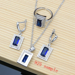 925 Silver Bride Jewelry Set for Women: Blue Sapphire Earrings, Bracelet, Resizable Ring, Necklace