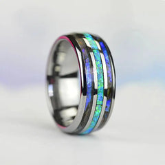 Stylish Rose Gold Tungsten Wedding Band for Men with Abalone Shell and Blue Opal Inlay