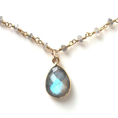 March Birthstone Beauty: Aquamarine Blue Gemstone Pendant Necklace with Seafoam Chalcedony and Seed Pearl Accents