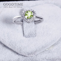 Charming 925 Sterling Silver Love Heart Ring with Green Peridot & Zircon Rhinestones for Women