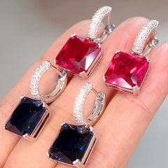 KQDANCE 925 Sterling Silver with 12mm Square Black Pink Yellow Red Blue Green Stone Lab Diamond Ruby Emerald Drop Earrings Women