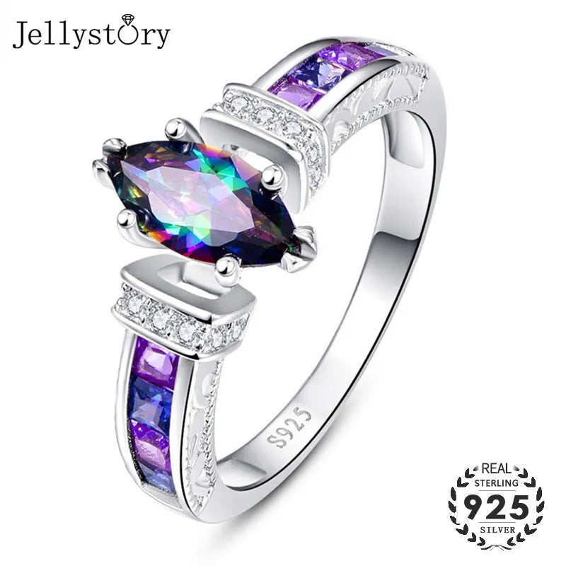 Jellystory Fashion Oval Shape Rings: Colorful Topaz Gemstones, 925 Sterling Silver Jewelry for Women