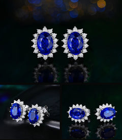 YANHUI Allergy-Free Tibetan Silver Earrings: Blue Oval Shape Lab Sapphire Studs for Women