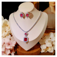 Radiant Charm: Fine Jewelry Set for Women with 925 Sterling Silver Rose Red Cubic Zirconia Necklaces, Pendants, and Stud Earrings