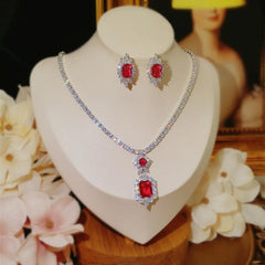 Radiant Charm: Fine Jewelry Set for Women with 925 Sterling Silver Rose Red Cubic Zirconia Necklaces, Pendants, and Stud Earrings