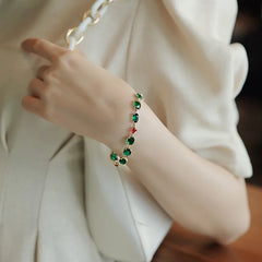 2024 Korean Fashion Emerald Gem Stone Bracelet: Elevate Your Style with Luxury Green Crystal Zircon Accentuated by Gold Chain Cuff