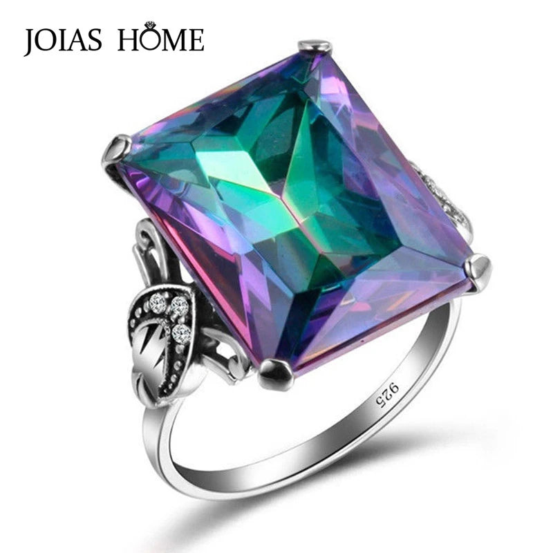 JoiasHome Rainbow Fire Mystic Topaz Ring: Top-Quality Square Gemstone Charm for Women