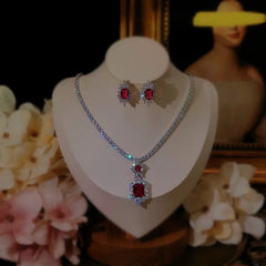 Radiant Charm: Fine Jewelry Set for Women with 925 Sterling Silver Rose Red Cubic Zirconia Necklaces, Pendants, and Stud Earrings