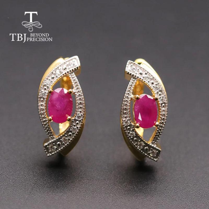 TBJ Natural Ruby Oval Earrings: 4x6mm Real Gemstone Clasp Earrings in 925 Sterling Silver