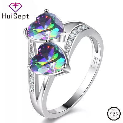 HuiSept Fashion 925 Silver Heart-shaped Topaz Gemstone Ring for Women