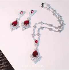 CC Elegance: High-Quality Necklace and Earrings Set with Red Stone for Women's Jewelry